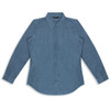 A women's button-up denim shirt in a light blue shade with long sleeves and a collar. Features a logo.