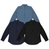 A collection of women's button-up denim shirts in dark blue, light blue, and black, featuring collars and long sleeves.