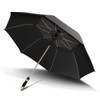 A black sports umbrella with a wooden handle and a sleek design. It features a logo on the shaft.