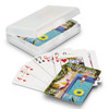 A set of colourful playing cards in a white gift case, featuring tropical-themed designs.