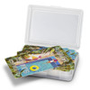A gift case containing a set of colourful playing cards featuring a vibrant poolside design.