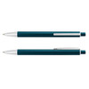 A teal metal pen with a silver clip and grip, featuring a sleek design and branding.