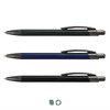 Three metal pens displayed in black, navy blue, and dark grey, each featuring a clip and a logo.