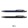 A metal pen set featuring a navy pen and a black pen, each with a sleek design and a clip.