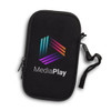 A black phone sleeve with a zip closure and a logo featuring multi-coloured diagonal stripes.
