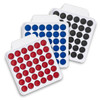 A square fidget popper board set featuring red, blue, and black poppers on a white base, with branding.