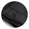A black puffer blanket with a quilted texture, featuring a smooth, shiny surface and folds. Includes branding.
