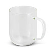 A glass mug with a handle, featuring a clear design and simple, modern style.