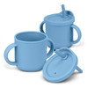 A drink bottle in blue with two handles and a straw lid, featuring a smooth, rounded design and a logo.