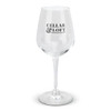 A clear wine glass with a tapered bowl and a long stem, featuring a logo on the front.