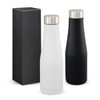 A drink bottle set featuring a white and a black vacuum bottle with stainless steel caps, presented in a black box.