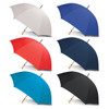 A selection of six umbrellas in white, blue, red, navy, teal, and black, featuring wooden handles.