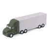 A stress truck toy in green and white, resembling a large transport vehicle, with six wheels and a simple design.