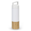 A drink bottle with a white upper section and a bamboo lower section. It features a handle and a logo.