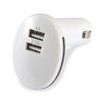 A white USB car charger with two ports, labeled 1A and 2.1A, featuring a circular design.