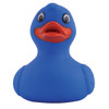 A blue rubber bath duck with a smiling face and bright orange beak.