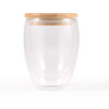 A double wall glass cup with a bamboo lid, featuring a clear design ideal for beverages, sized at 350ml.