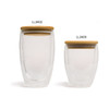 A drink bottle featuring clear double wall glass with a bamboo lid, displayed in two sizes.