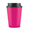 A drink cup in bright pink with a black handle lid, designed for beverages. Features a sleek, modern design.