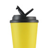 A yellow coffee cup with a black handle lid, featuring a logo on the side.