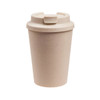 A drink bottle made of eco-friendly material, featuring a beige reusable coffee cup with a comfort lid and branding.