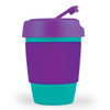 A reusable coffee cup with a purple lid and silicone band, featuring a turquoise base. Includes a logo.