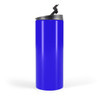 A travel mug in a vibrant blue color with a secure flip-top lid.