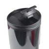 A black travel mug with a flip-top lid and a glossy finish, featuring a logo on the side.