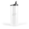 A travel mug in white with a black lid and a logo on the surface.