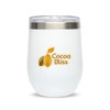 A reusable coffee cup in white with a clear lid and a branded logo on the front.