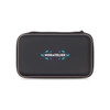 A black zippered case featuring a logo on the front, designed for storage or travel purposes.
