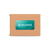 A brown cardboard box featuring a teal logo, containing a promotional product.