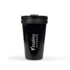 A drink bottle with a black finish, featuring a secure lid and a logo. Ideal for travel and fitness use.