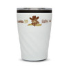 A reusable coffee cup in white with a black lid, featuring a cowboy-themed design and a logo.