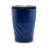A drinkware item, this reusable coffee cup is navy blue with a textured design and a clear lid. It features a logo.