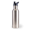 A drink bottle with a sleek stainless steel design and a black flip-top spout.