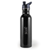 A drink bottle in black stainless steel with a dark blue cap and a branded logo on the front.