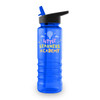 A drink bottle in bright blue with a black cap and a logo. Features a design with balloons and clouds.
