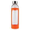 A drink bottle with a clear glass body and an orange silicone sleeve. Features a metal lid and a branding logo.
