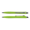 A green plastic pen with a sleek design and a silver clip. The image features two angles of the pen.