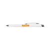 A white plastic pen with a silver clip and an orange logo on the side.