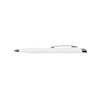 A plastic pen in white with a silver clip and tip, featuring a simple and sleek design.