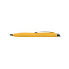 A yellow plastic pen with a silver clip and a smooth barrel design. It features a logo on the barrel.