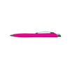 A pink plastic pen with a silver clip and a sleek design. It features a branding logo on its side.