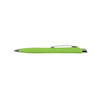 A green plastic pen with a silver clip, featuring a smooth, sleek design and a branding logo.