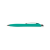 A plastic pen in a teal colour with a silver clip and a smooth barrel design. It features a logo on the side.