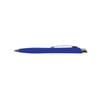 A blue plastic pen with a silver clip and a smooth, curved design. The pen features a sleek, modern look.
