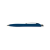A blue plastic pen with a silver clip, featuring a sleek design and a branding logo.