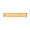 A wooden ruler featuring both inch and centimeter measurements, with clear markings along its length.