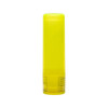 A lip balm stick in a bright yellow container. The packaging includes ingredient information on the bottom label.